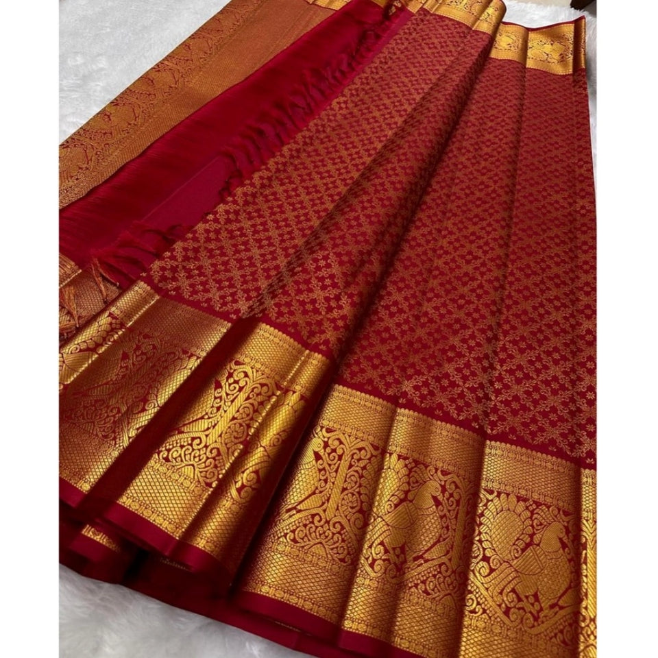 Generic Women's Silk Printed Saree With Unstitched Blouse 5.5Mtr (Maroon)