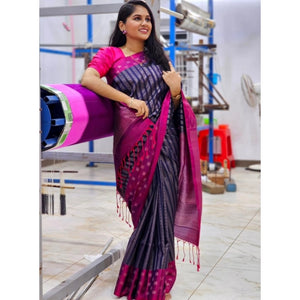 Generic Women's Silk Printed Saree With Unstitched Blouse 5.5Mtr (Navy Blue)