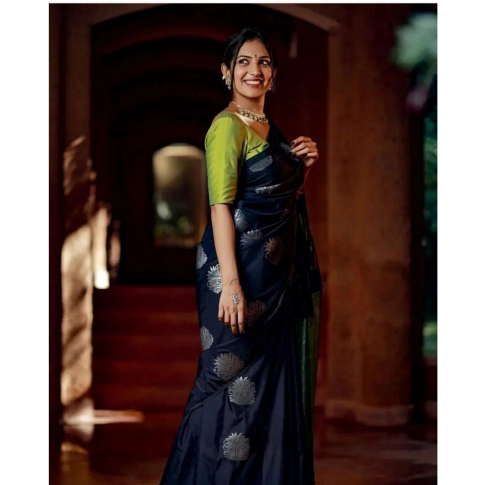 Generic Women's Silk Printed Saree With Unstitched Blouse 5.5Mtr (Navy Blue)