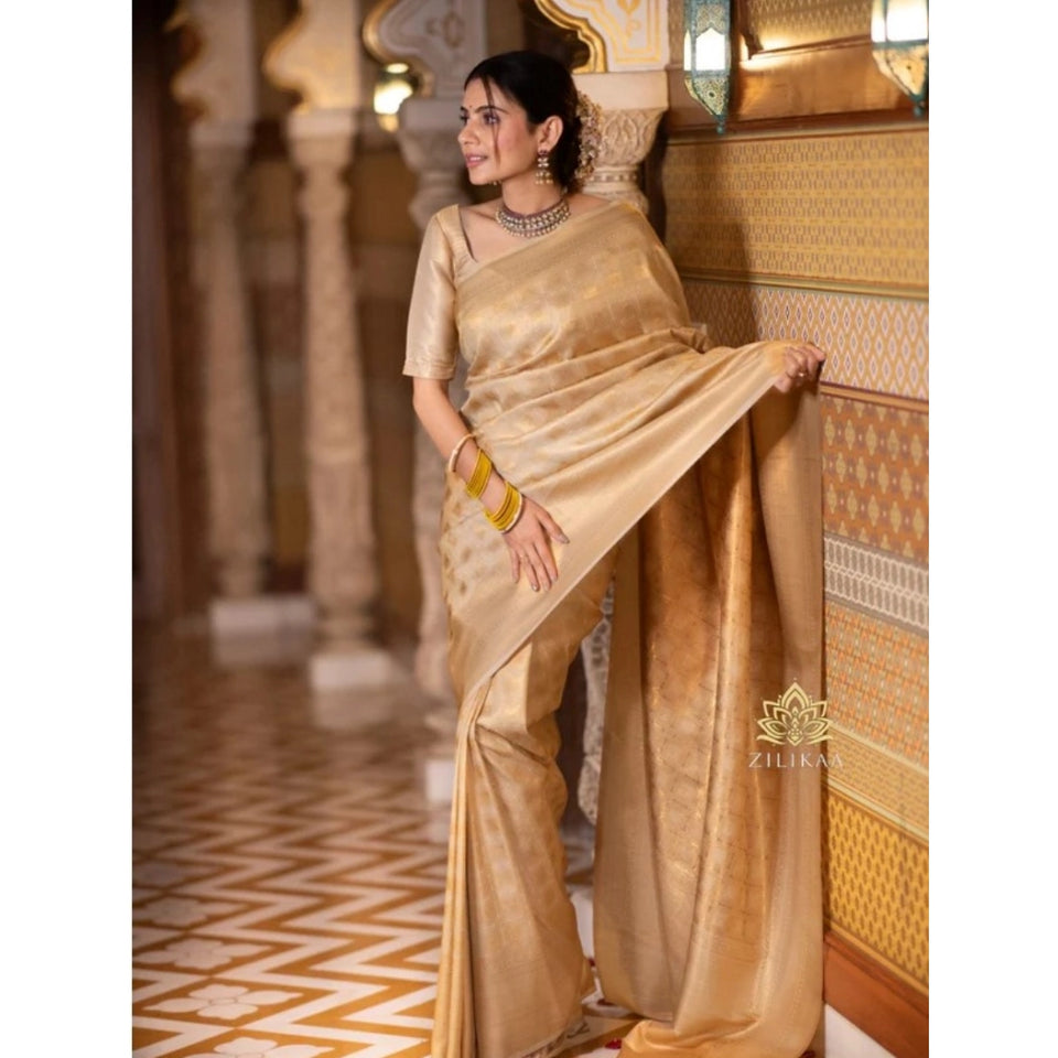 Generic Women's Silk Printed Saree With Unstitched Blouse 5.5Mtr (Cream)