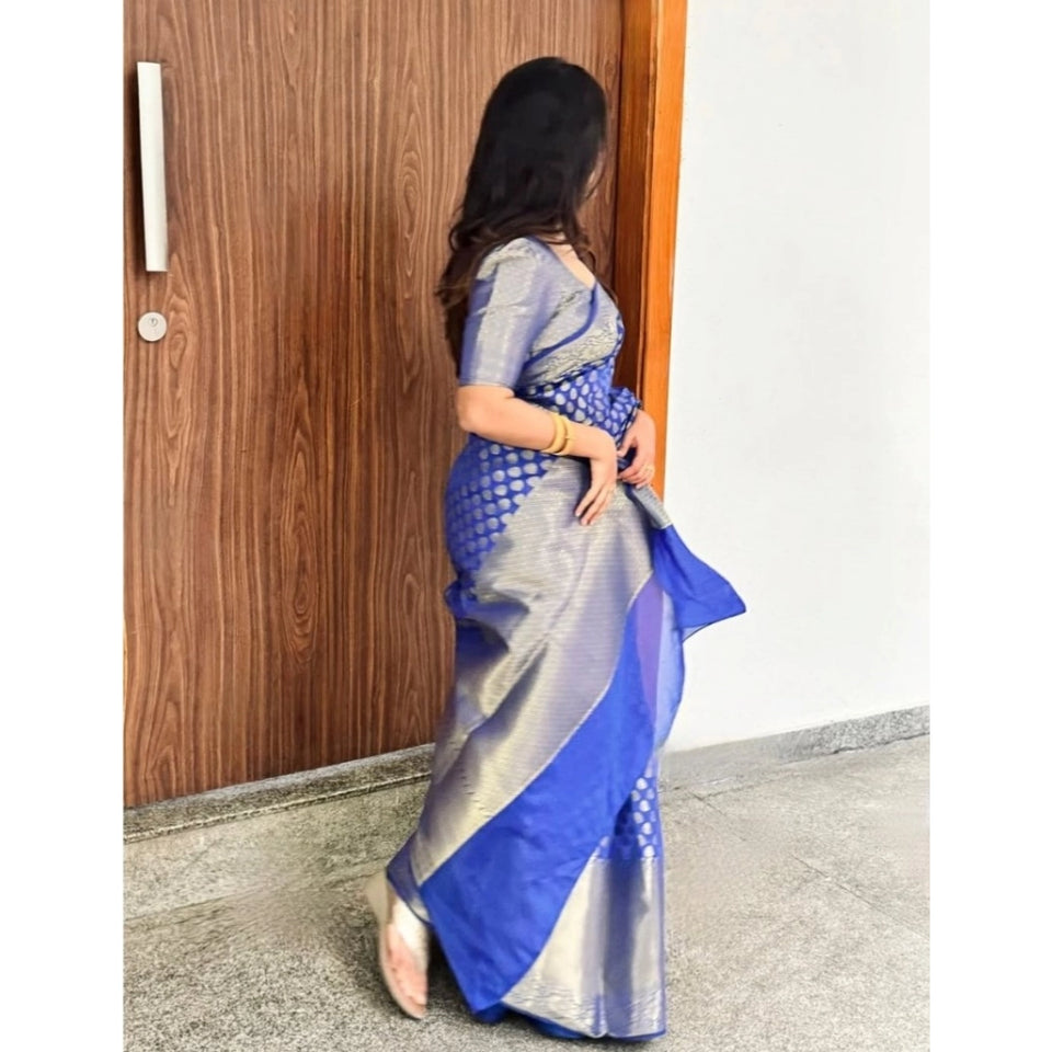 Generic Women's Silk Printed Saree With Unstitched Blouse 5.5Mtr (Royal Blue)