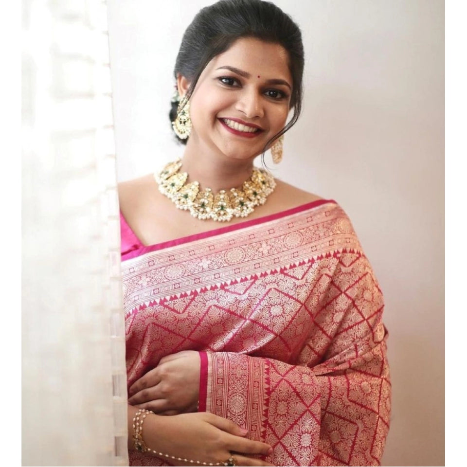 Generic Women's Silk Printed Saree With Unstitched Blouse 5.5Mtr (Pink)
