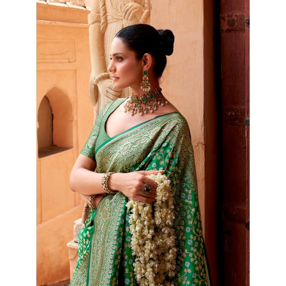 Generic Women's Silk Printed Saree With Unstitched Blouse 5.5Mtr (Green)
