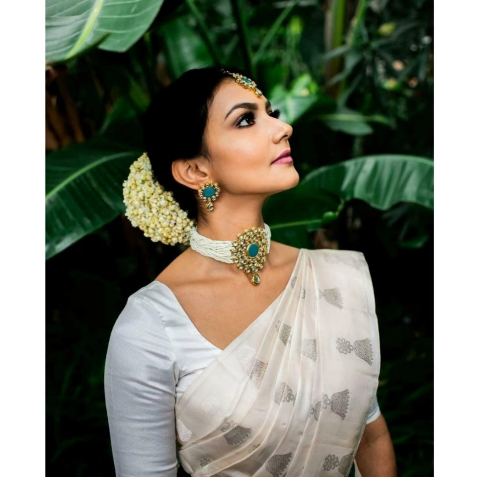 Generic Women's Silk Printed Saree With Unstitched Blouse 5.5Mtr (White)