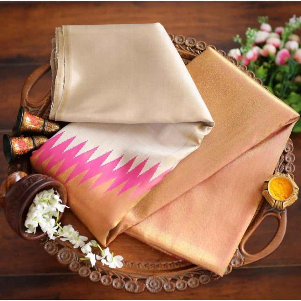 Generic Women's Silk Printed Saree With Unstitched Blouse 5.5Mtr (Cream)
