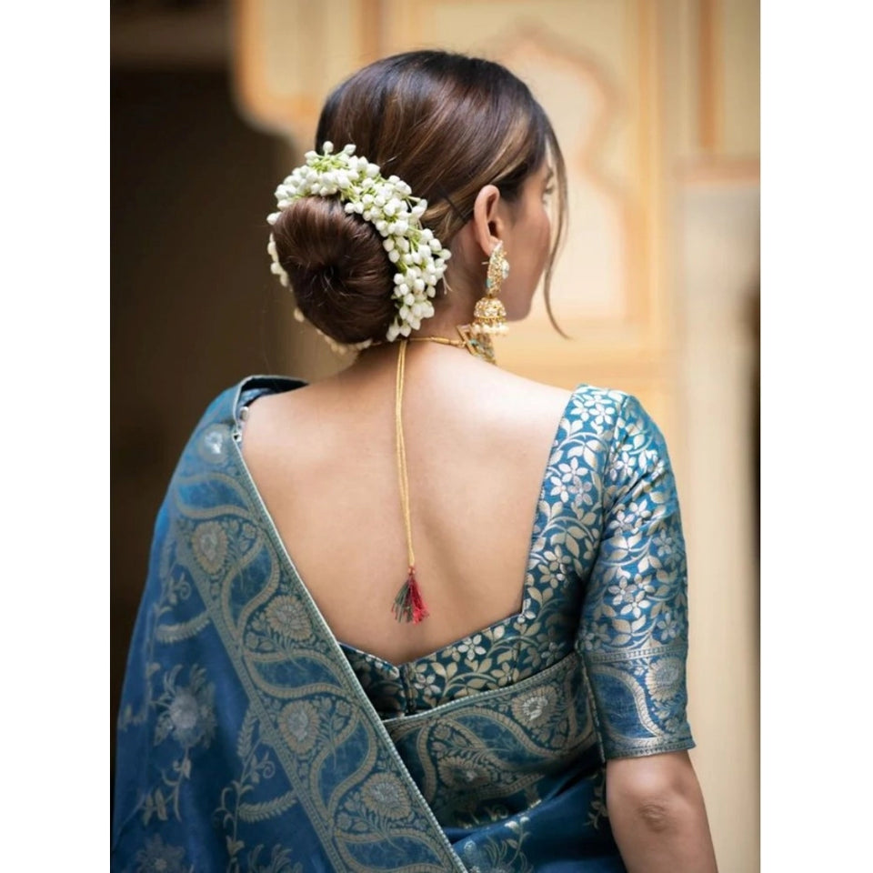 Generic Women's Silk Printed Saree With Unstitched Blouse 5.5Mtr (Teal Blue)
