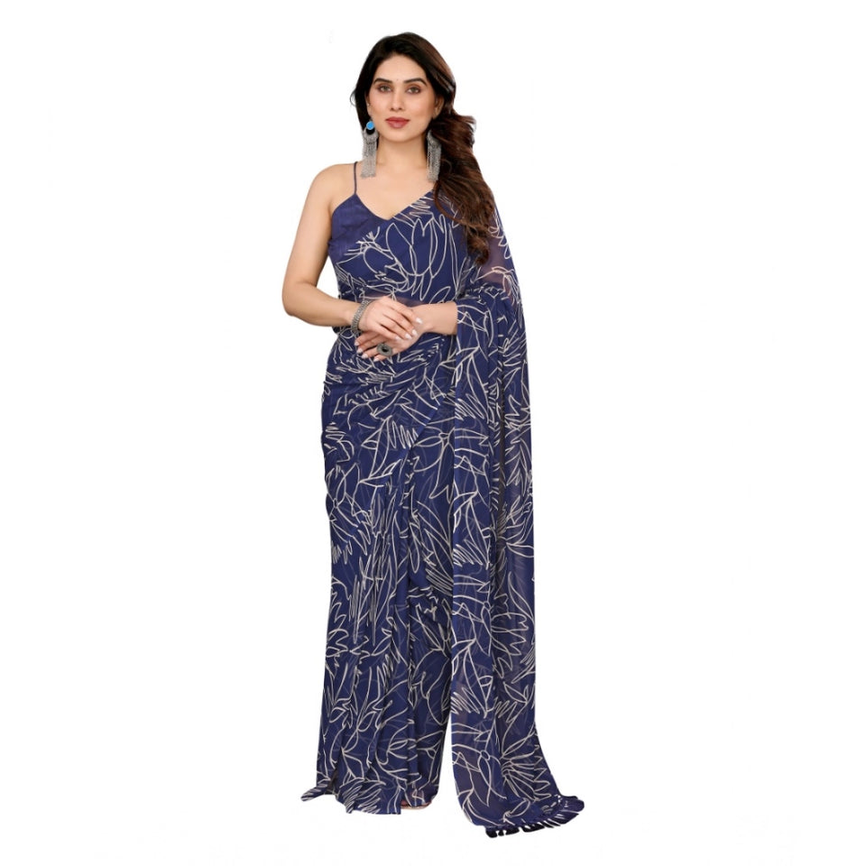 Generic Women's Zalar Lace Georgette Printed Ready-to-Wear Saree With Unstitched Blouse 5.5 Mtr (Blue)