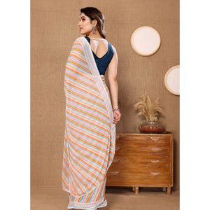 Generic Women's Small Lace Georgette Striped Ready-to-Wear Saree With Unstitched Blouse 5.5 Mtr (Orange)