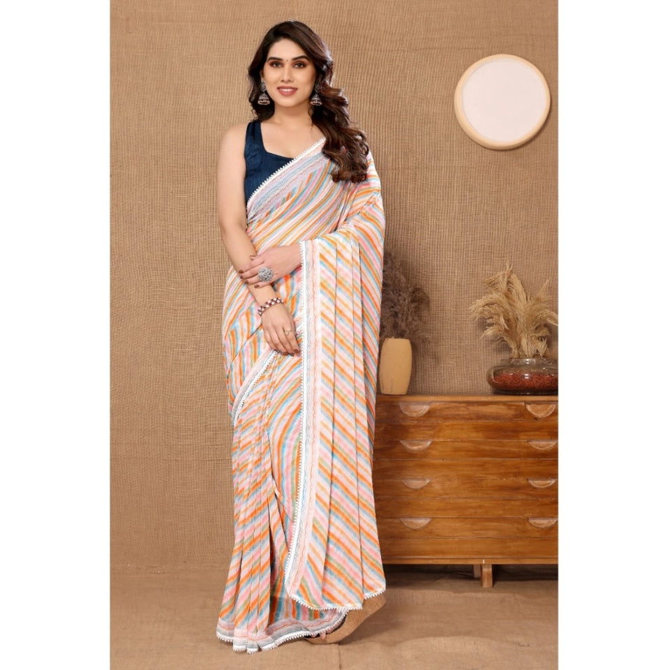 Generic Women's Small Lace Georgette Striped Ready-to-Wear Saree With Unstitched Blouse 5.5 Mtr (Orange)