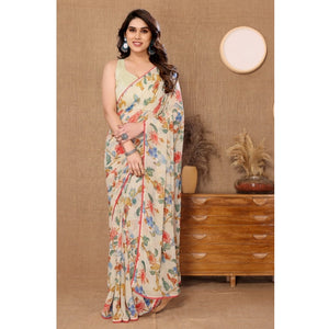 Generic Women's Small Lace Georgette Printed Ready-to-Wear Saree With Unstitched Blouse 5.5 Mtr (Off White)