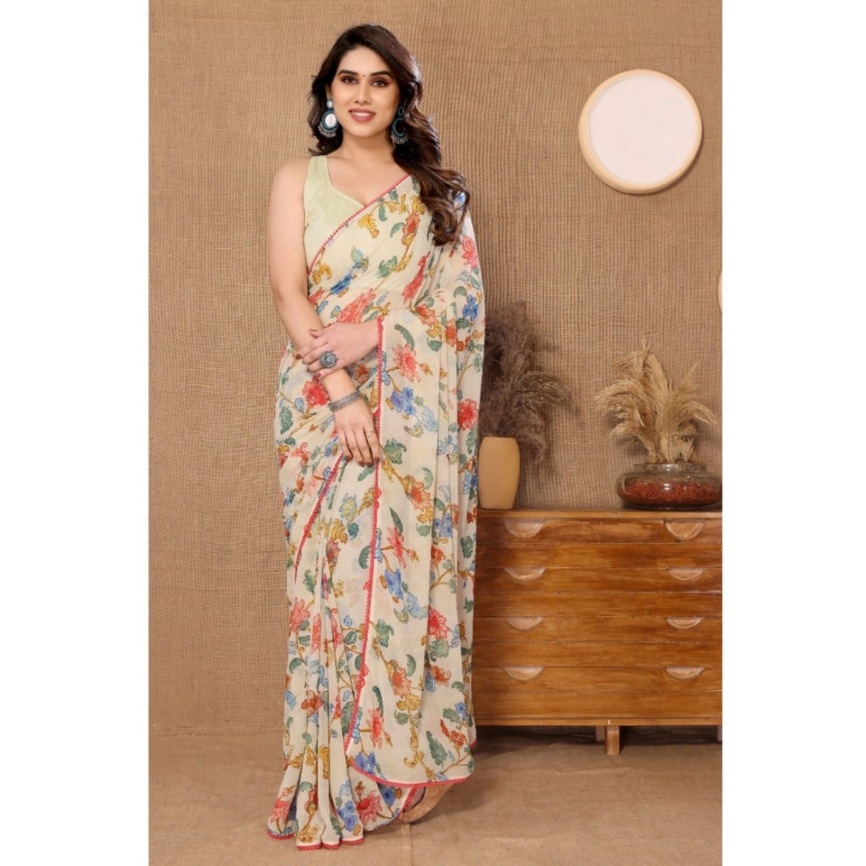 Generic Women's Small Lace Georgette Printed Ready-to-Wear Saree With Unstitched Blouse 5.5 Mtr (Off White)