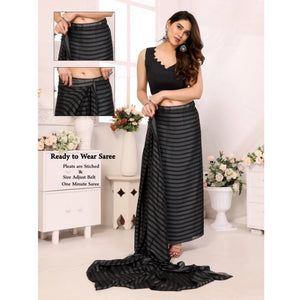 Generic Women's  Black Berry Striped Ready-to-Wear Saree With Unstitched Blouse 5.5 Mtr (Grey-Black)