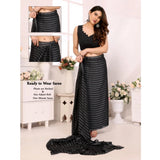 Generic Women's  Black Berry Striped Ready-to-Wear Saree With Unstitched Blouse 5.5 Mtr (Grey-Black)
