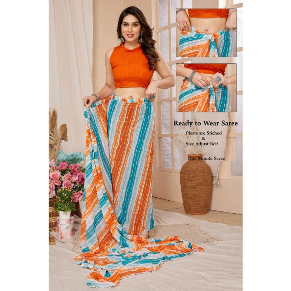 Generic Women's Small Lace Georgette Striped Ready-to-Wear Saree With Unstitched Blouse 5.5 Mtr (Multicolor)