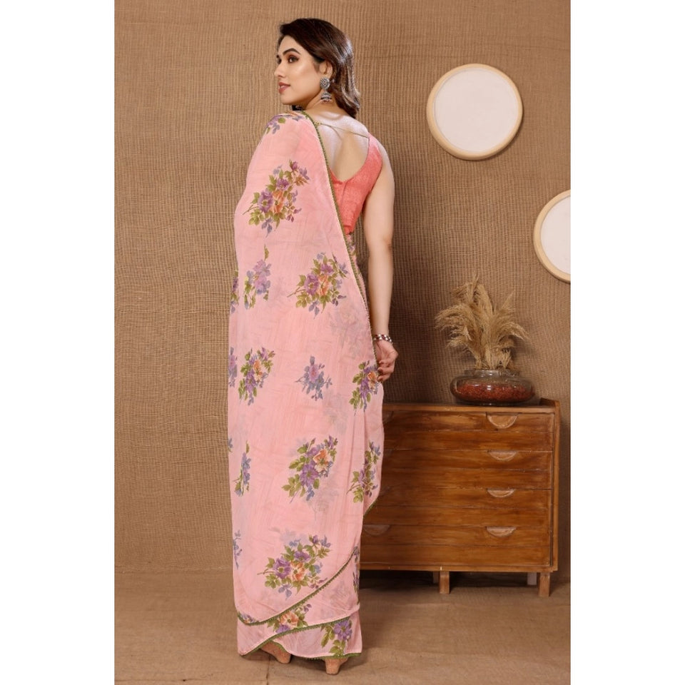 Generic Women's Small Lace Georgette Printed Ready-to-Wear Saree With Unstitched Blouse 5.5 Mtr (Peach)