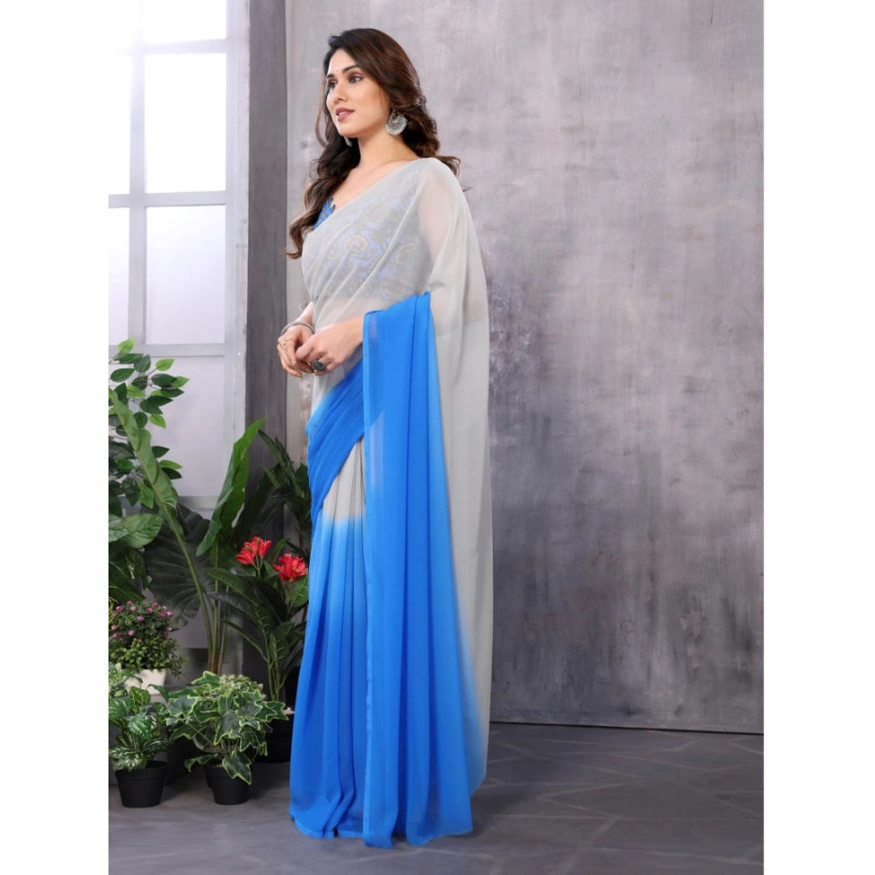 Generic Women's Small Lace Georgette Solid Ready-to-Wear Saree With Unstitched Blouse 5.5 Mtr (Grey-Blue)