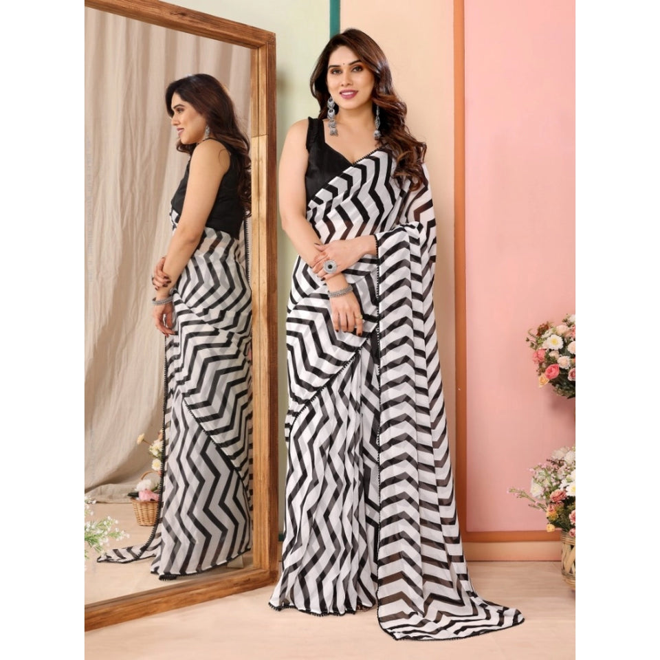 Generic Women's Small Lace Georgette Striped Ready-to-Wear Saree With Unstitched Blouse 5.5 Mtr (Black)