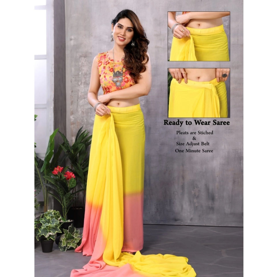 Generic Women's Small Lace Georgette Solid Ready-to-Wear Saree With Unstitched Blouse 5.5 Mtr (Pink-Yellow)