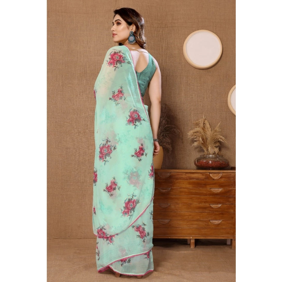 Generic Women's Small Lace Georgette Printed Ready-to-Wear Saree With Unstitched Blouse 5.5 Mtr (Turquoise)