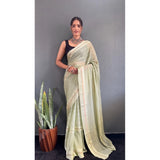 Generic Women's Chiffon Striped Ready to wear Saree With Unstitched Blouse 5.5 Mtr (Pista )