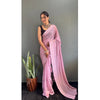 Generic Women's Chiffon Striped Ready to wear Saree With Unstitched Blouse 5.5 Mtr (Pink)