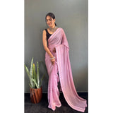Generic Women's Chiffon Striped Ready to wear Saree With Unstitched Blouse 5.5 Mtr (Pink)