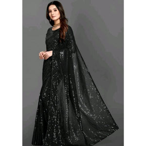 Generic Women's Georgette Embellished Sequnece Bollywood Saree With Unstitched Blouse 5.5Mtr (Black)