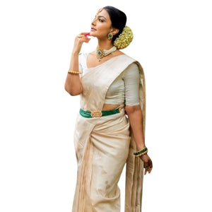 Generic Women's Silk Printed Saree With Unstitched Blouse 5.5Mtr (White)