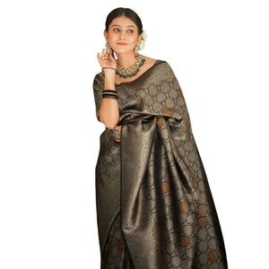 Generic Women's Silk Printed Saree With Unstitched Blouse 5.5Mtr (Black)
