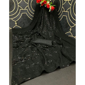 Generic Women's Georgette Embellished Sequnece Bollywood Saree With Unstitched Blouse 5.5Mtr (Black)