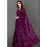 Generic Women's Georgette Embellished Sequnece Bollywood Saree With Unstitched Blouse 5.5Mtr (Purple)