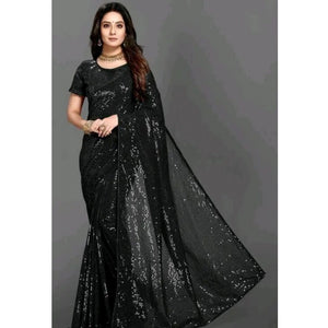 Generic Women's Georgette Embellished Sequnece Bollywood Saree With Unstitched Blouse 5.5Mtr (Black)