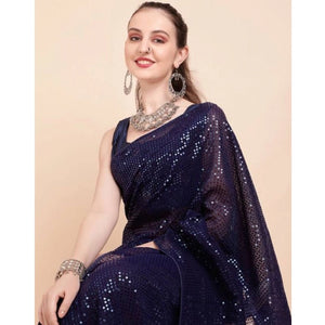 Generic Women's Georgette Embellished Sequnece Bollywood Saree With Unstitched Blouse 5.5Mtr (Blue)