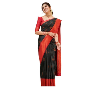 Generic Women's Silk Printed Saree With Unstitched Blouse 5.5Mtr (Black)