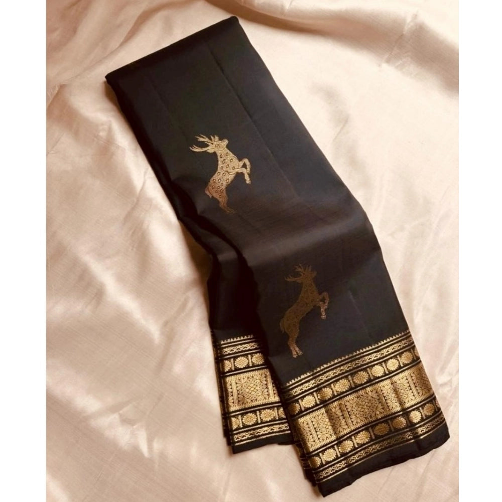 Generic Women's Silk Printed Saree With Unstitched Blouse 5.5Mtr (Black)