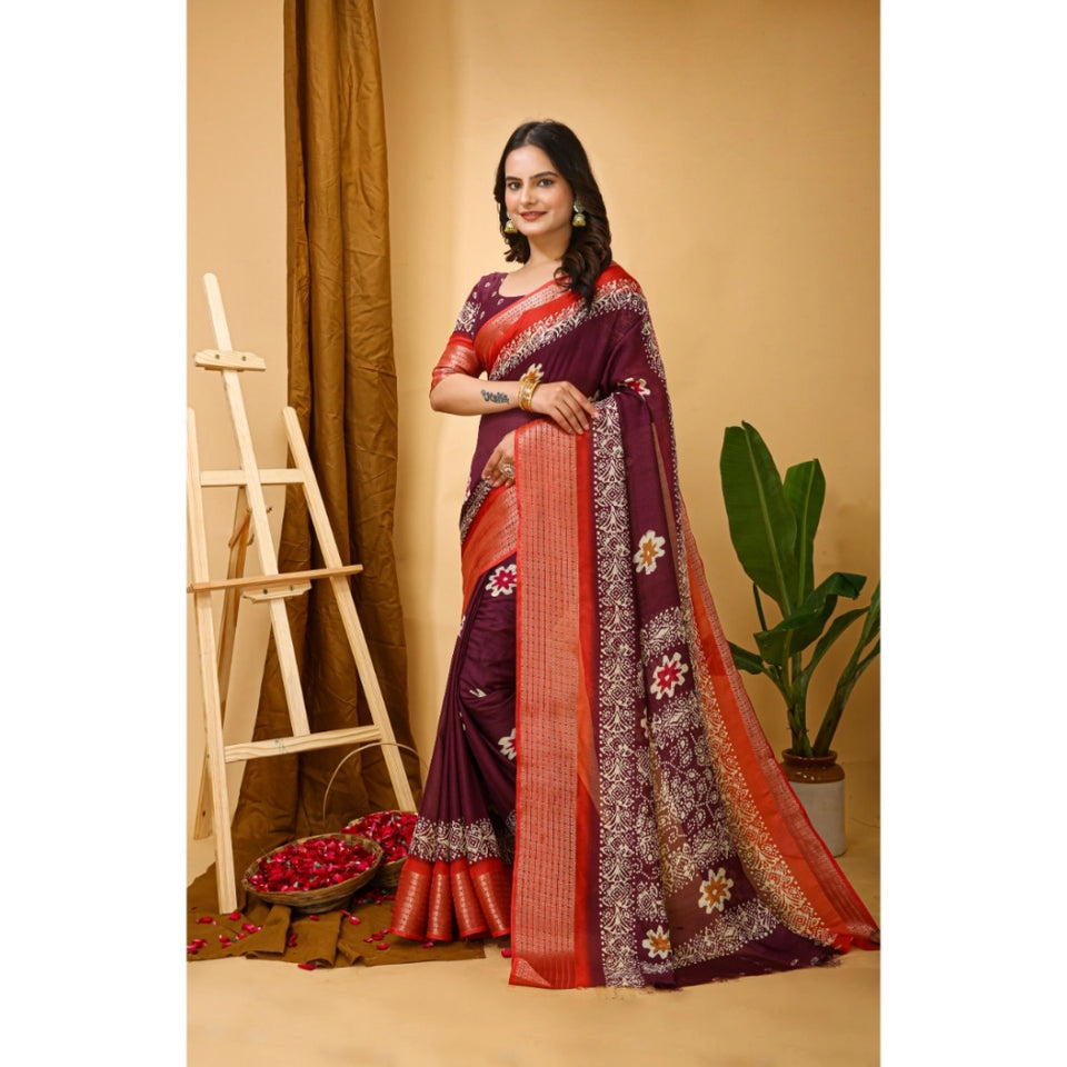 Generic Women's Soft Blooming Marshmallow Fabric Kalamkari Printed Saree With Unstitched Blouse 5.5Mtr (Wine)