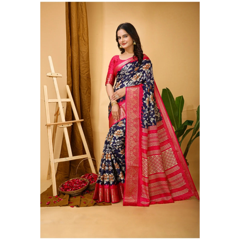Generic Women's Soft Dola Cotton Kalamkari Printed Saree With Unstitched Blouse 5.5Mtr (Navy Blue)