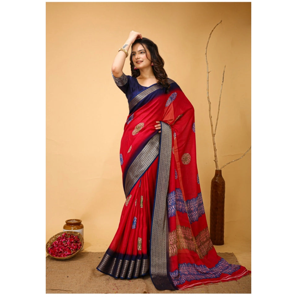 Generic Women's Soft Blooming Marshmallow Fabric Kalamkari Printed Saree With Unstitched Blouse 5.5Mtr (Red)