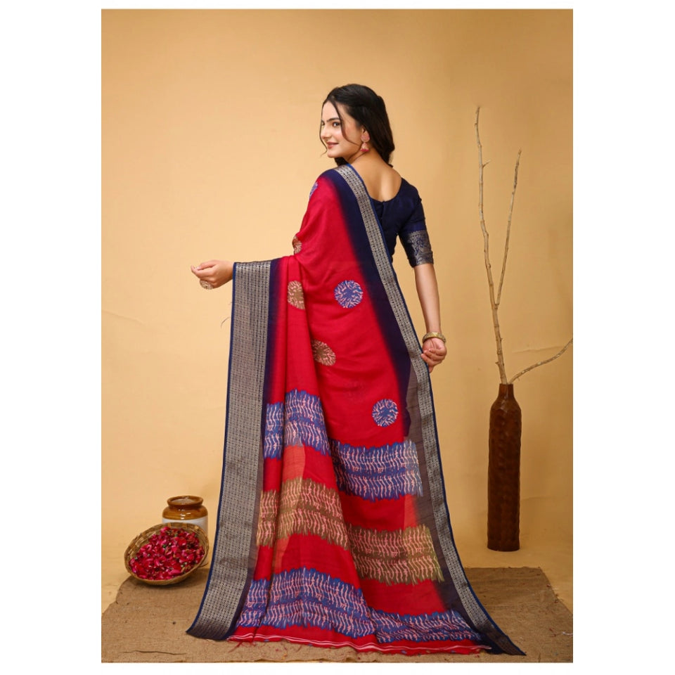 Generic Women's Soft Blooming Marshmallow Fabric Kalamkari Printed Saree With Unstitched Blouse 5.5Mtr (Red)