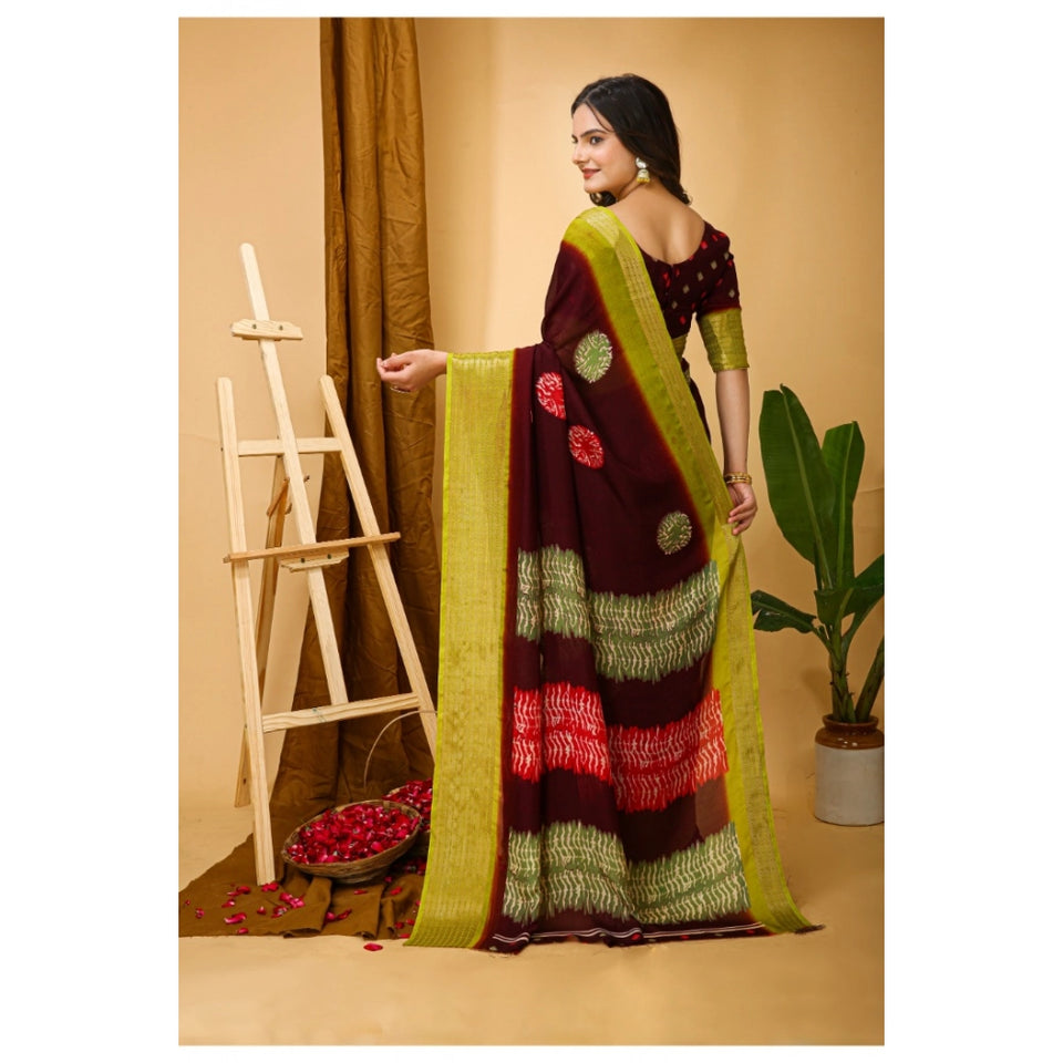 Generic Women's Soft Blooming Marshmallow Fabric Kalamkari Printed Saree With Unstitched Blouse 5.5Mtr (Maroon)