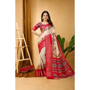 Generic Women's Soft Dola Cotton Kalamkari Printed Saree With Unstitched Blouse 5.5Mtr (Red)
