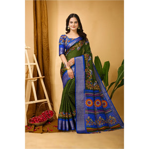 Generic Women's Soft Dola Cotton Kalamkari Printed Saree With Unstitched Blouse 5.5Mtr (Mehendi)
