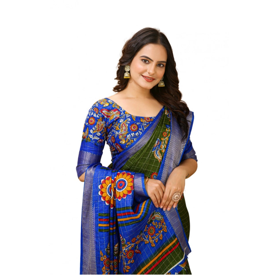 Generic Women's Soft Dola Cotton Kalamkari Printed Saree With Unstitched Blouse 5.5Mtr (Mehendi)