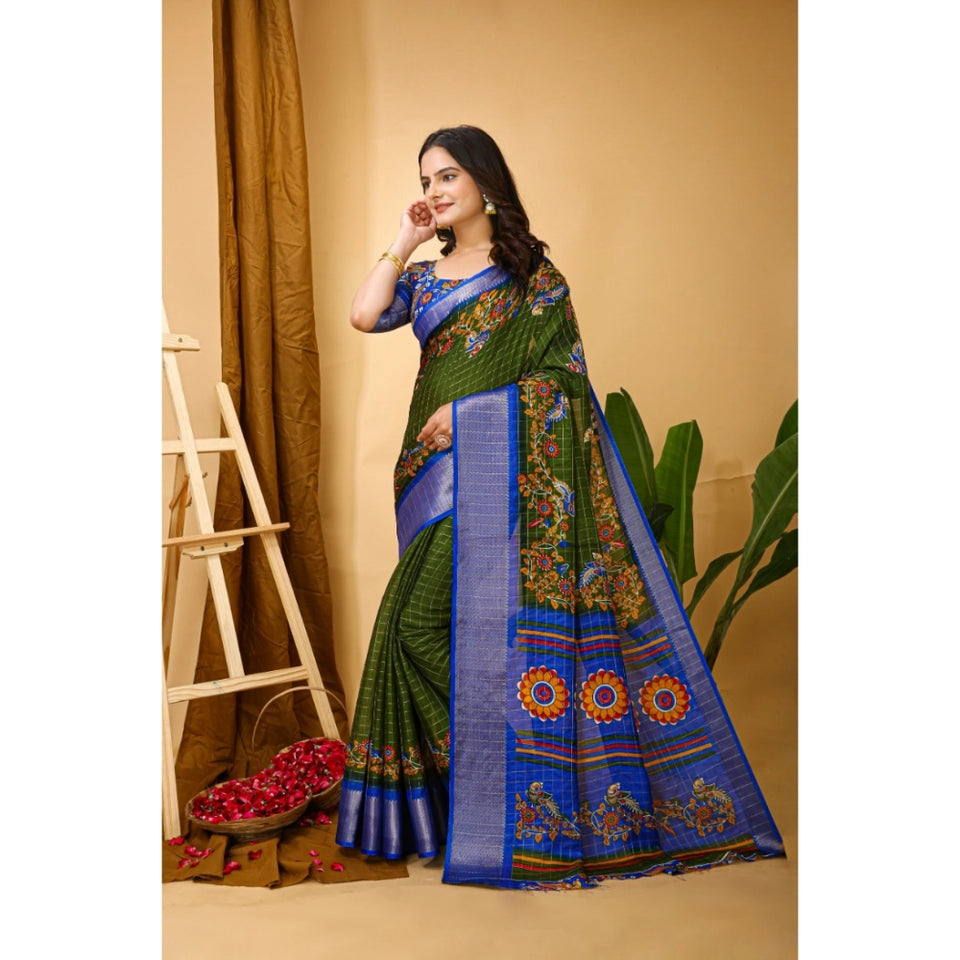 Generic Women's Soft Dola Cotton Kalamkari Printed Saree With Unstitched Blouse 5.5Mtr (Mehendi)