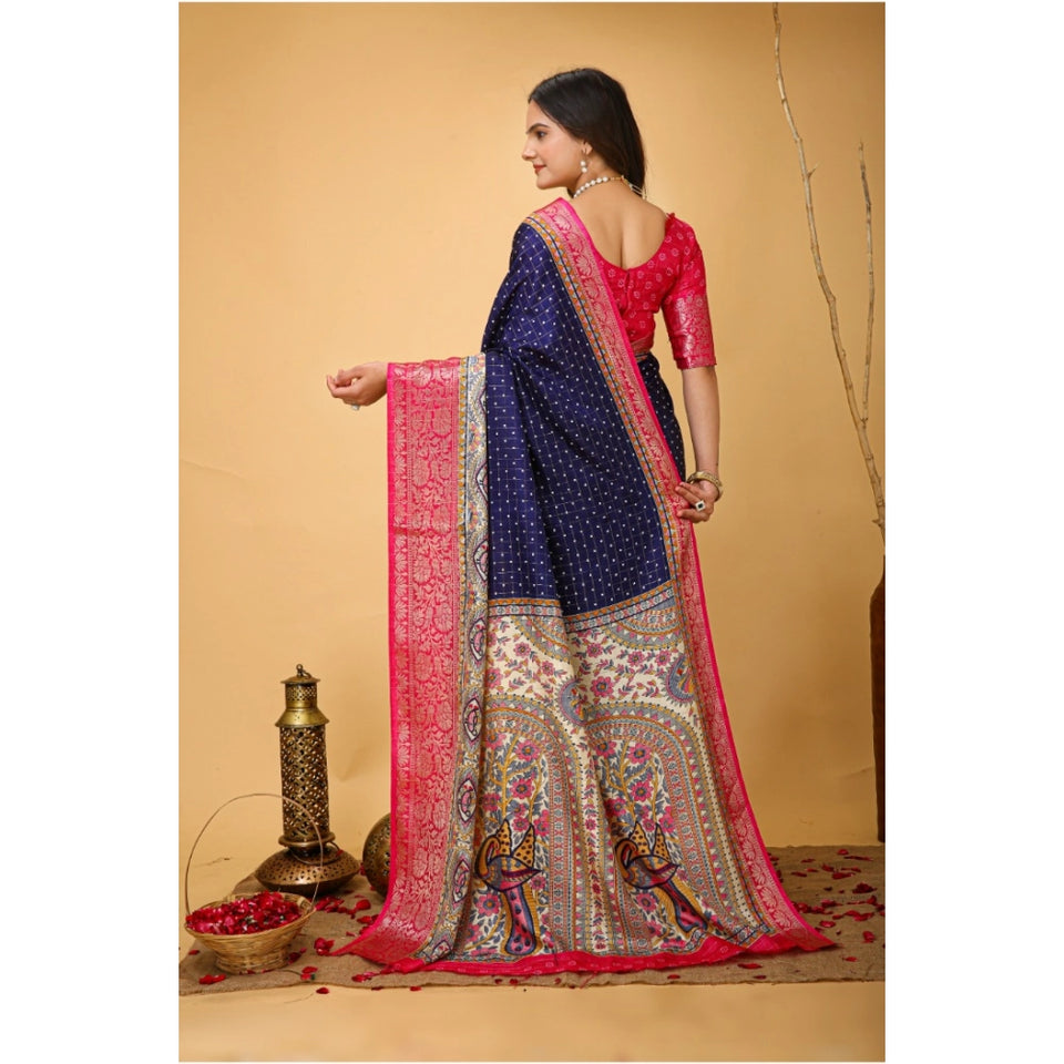 Generic Women's Soft Dola Cotton Kalamkari Printed Saree With Unstitched Blouse 5.5Mtr (Navy Blue)