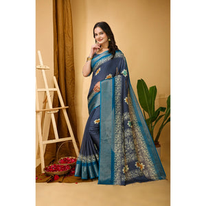 Generic Women's Soft Blooming Marshmallow Fabric Kalamkari Printed Saree With Unstitched Blouse 5.5Mtr (Grey)