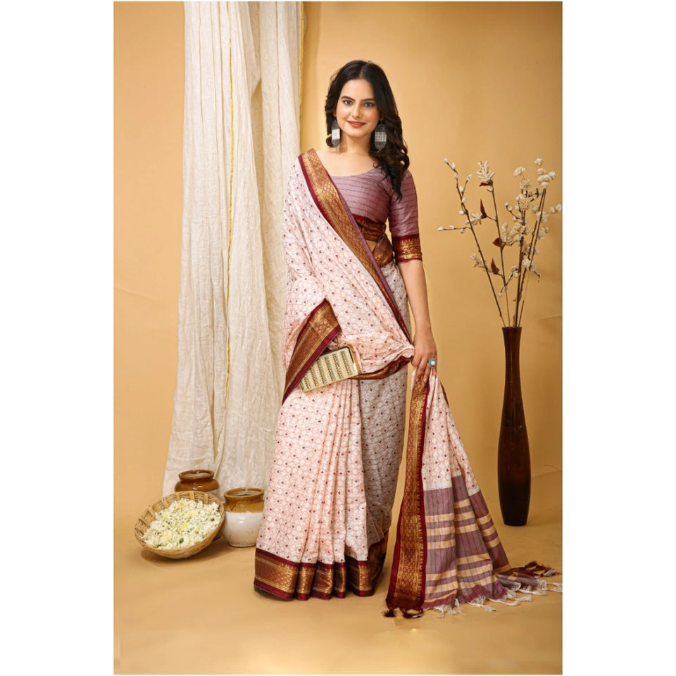 Generic Women's Soft Cotton Silk Printed Saree With Unstitched Blouse 5.5Mtr (Maroon)