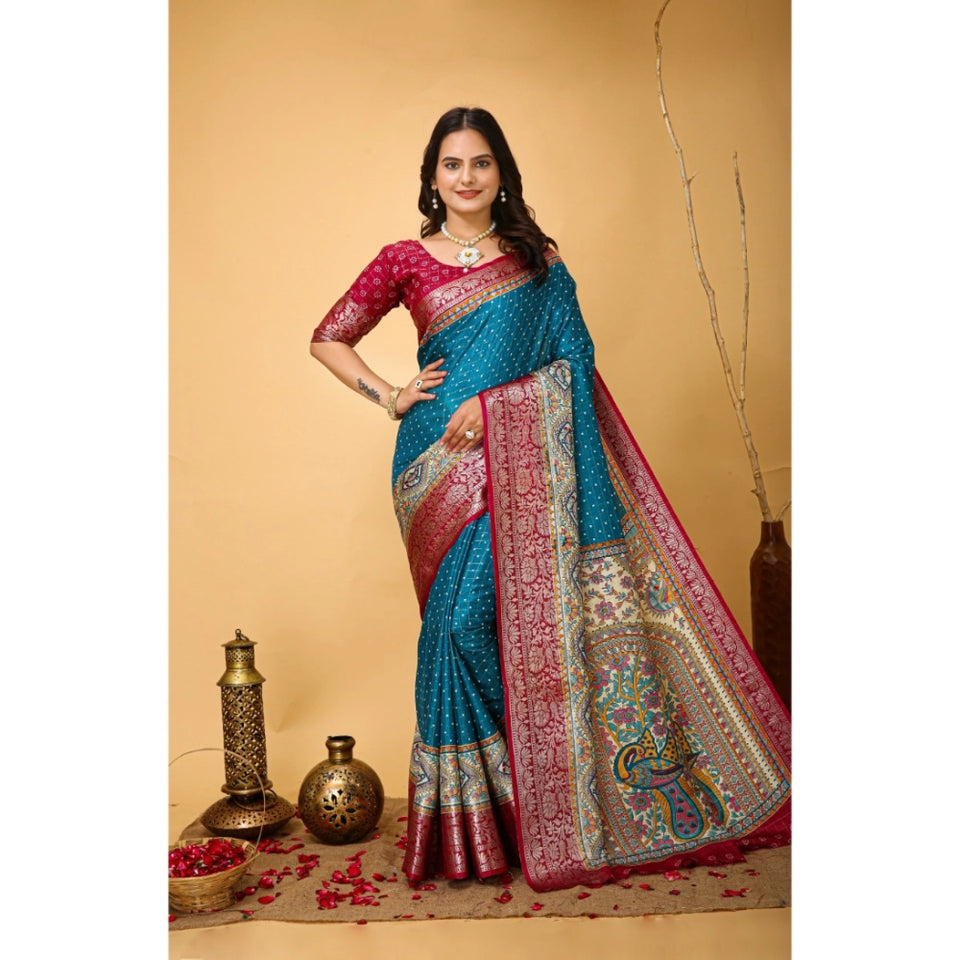 Generic Women's Soft Dola Cotton Kalamkari Printed Saree With Unstitched Blouse 5.5Mtr (Sky Blue)