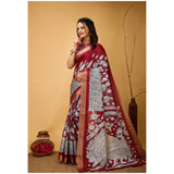 Generic Women's Soft Handloom Cotton Kalamkari Printed Saree With Unstitched Blouse 5.5Mtr (Maroon)