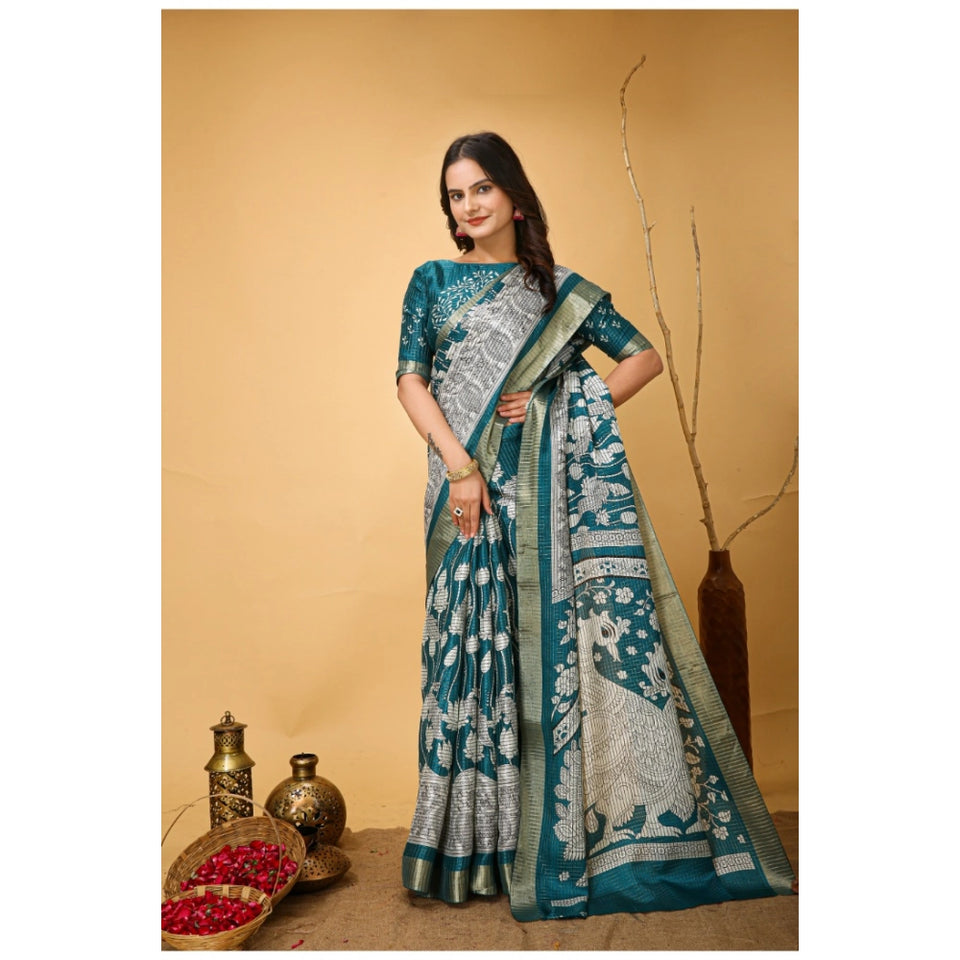 Generic Women's Soft Handloom Cotton Kalamkari Printed Saree With Unstitched Blouse 5.5Mtr (Turquoise)